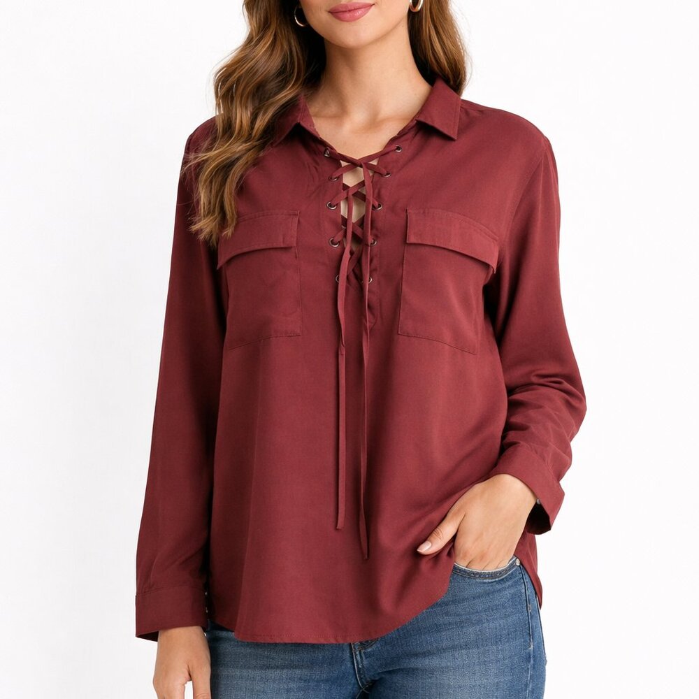 NWT Small Lace Up Top Blouse Shirt Maroon Pockets Burgundy Pockets